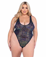 PR-6432X, Plus Size Black Sequin Fishnet Romper By Roma