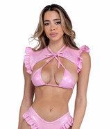 PR-6451, Baby Pink Metallic Iridescent Ruffle Shrug By Roma