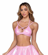 PR-6454, Baby Pink Metallic Criss Cross Top with Rhinestone Strap