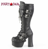 Demonia CHARADE-230, 4 Inch Chunky Heel Knee High Boots with Chain and Skull