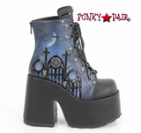 Demonia CAMEL-203-PT, 5 Inch Chunky Heel with Moonlit Cathedral Print Ankle Boots