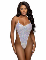 R6755, White Sequin String Back Bodysuit