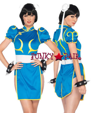 5Chun-Li costume, includes romper dress ith signature character detail, abun covers with ribbon accents, and spiked wrist cuffs5