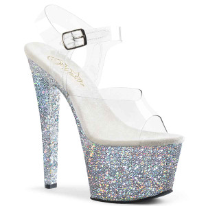 Sky-308LG, 7 Inch Silver Glitter Ankle Strap Shoes by Pleaser USA