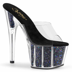 Adore-701CG, 7" Black Platform Slide with Glitter Insert by Pleaser