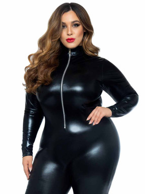 LA-85047X, Plus Size Wet Look Zipper Catsuit By Leg Avenue