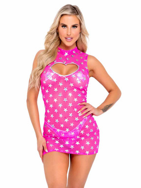 R-6084 - Hot Pink Mesh with Stars Print Dress with Heart Cutout By Roma