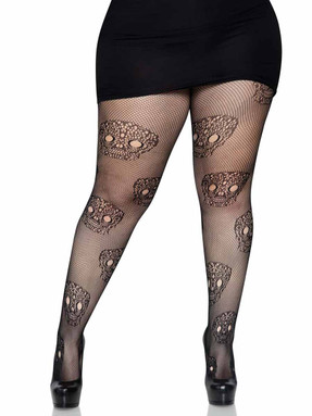 LA-9723X, Plus Size Lace Skull Fishnet Tights by Leg Avenue