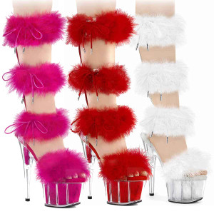 ADORE-728F, Quadruple Marabou Fur Band Mid Calf Sandal By Pleaser USA