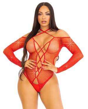 LA89316, Red Rhinestones Fishnet Teddy By Leg Avenue