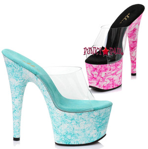 7 inch high heel mule with web design on plaform slide. (Made in USA)