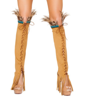 RLW10106 Lace Up Suede Leg Warmer With Feather and Fringe detail