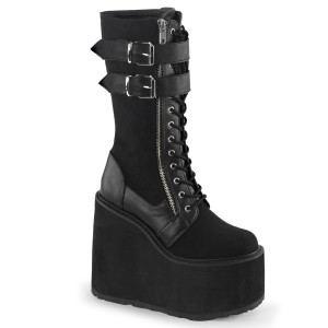 Swing-221, Wedge Double Buckles Strap Knee High Boots by Demonia