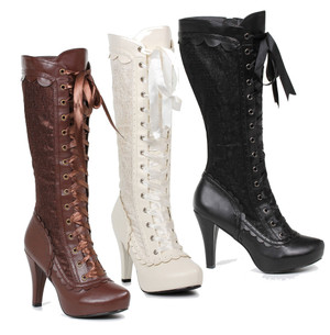 4 inch heel lace-up knee high boots with lace overlay