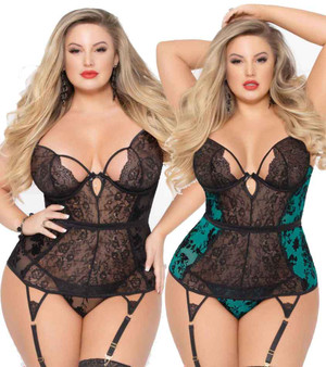 STM-10925X, Plus Size Mesh and Lace Bustier Set | Seven 'til Midnight