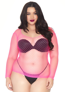 Plus Size Spandex Long Sleeved Net Shirt Leg Avenue LA8278X color hot pink