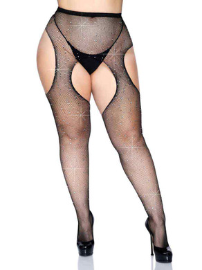 LA-9108X Rhinestones Black Fishnet Suspender Pantyhose By Leg Avenue