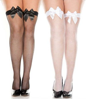 Plus Size Satin Bow Fishnet Thigh High Stockings by Music Legs 4912Q