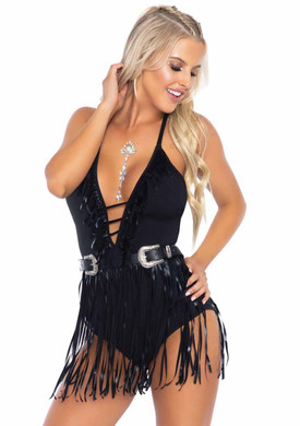 LA89266, Black Fringe Halter Bodysuit By Leg Avenue