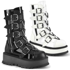 Slacker-160, Mid-Calf Boots with Metal Buckles Straps by Demonia