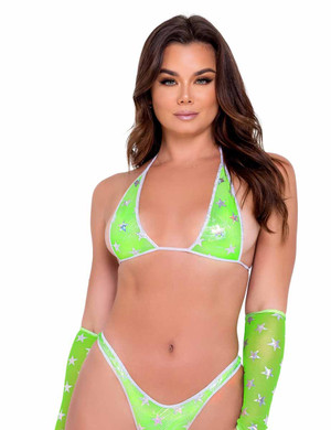 R-6080 - Neon Green Stars Bikini Raver Tie-Top By Roma