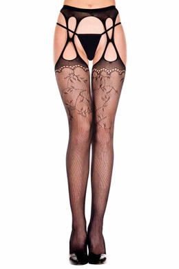 ML-911, Fishnet and Lace Detail Suspender Pantyhose By Music Legs