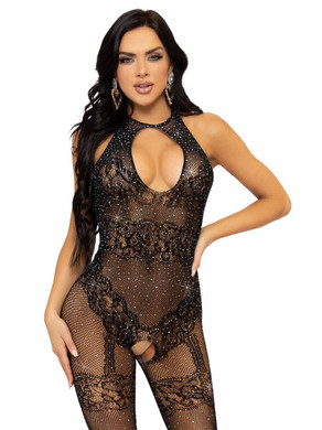 LA89305, Black Seamless Fishnet Rhinestones Bodystocking