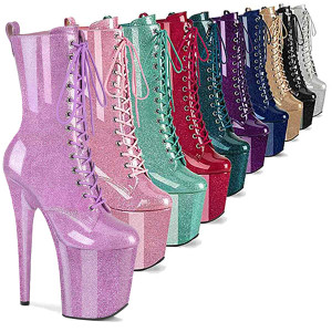 FLAMINGO-1040GP, 8" Glitter Lace-up Ankle Platform Ankle Boots By Pleaser