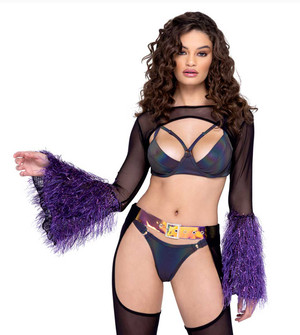 R-6247 - Black/Purple Sheer Shrug with Faux Fur Bell Sleeve By Roma