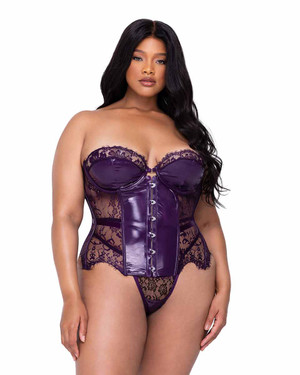 R-LI656Q, Plus Size Eyelash Lace and Faux Patent Leather Trim Bustier Set By Roma