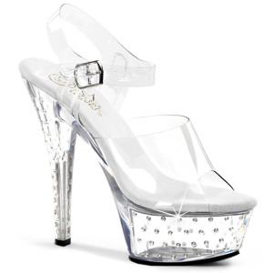Stripper shoes Stardust-608, 6 Inch High Heel with 1.75 Inch Platform with Clear Ankle Strap Rhinestones Studded Sandal