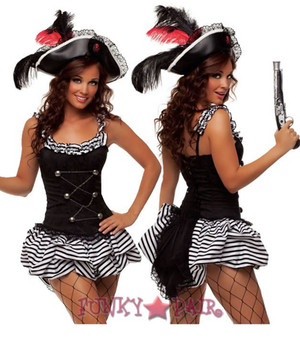 Pirate Woman Costume 4 Pc Blk/Wht High-Low Skirt Blouse Corset & Wig LG/XL