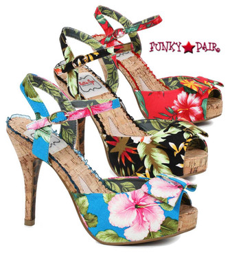 BP412-Leni, 4 Inch Cork Heel Sandal with Floral Print. color available: black, red, blue
