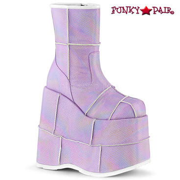 Men Demonia | STACK-201HC, Hologram Ankle Boots with Patch Detail Men Demonia | STACK-201HC, Hologram Ankle Boots with Patch Detail