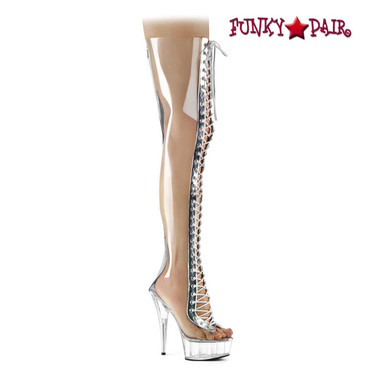 Pleaser | Delight-3026, Clear Thigh High Boots