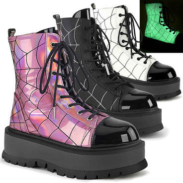 SLACKER-88, Mid-Calf Boots with Spider Web Detail By Demonia