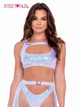 R-6088 - Lavender Sequin Crop Top with Keyhole Cutout
