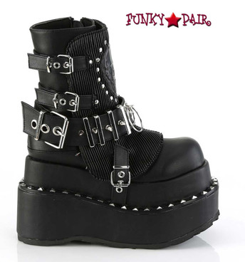 Demonia BEAR-150, Tiered Pyramid Studs Platform With Skull Patch Boots Side View