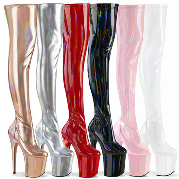 Flamingo-3000HWR, 8 Inches Holographic Thigh High Boots By Pleaser