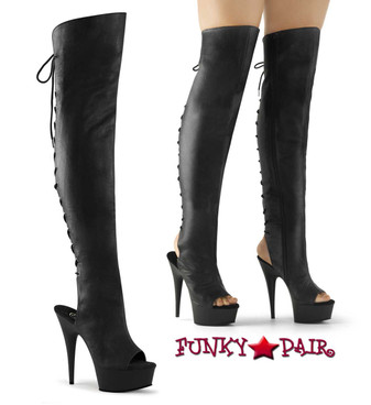 Pleaser Delight-3019, Exotic Dancer 6" Open Toe/Heel Lace-Up Back Thigh High Boot