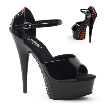 Pleaser Delight-660FH, 6 Inch Platform Corset Black Lace Shoes color Black/Red
