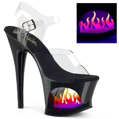 Moon-708FLM, Black/Clear Cutout Platform Sandal with Flame by Pleaser Shoes