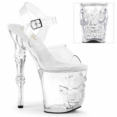 RAPTURE-808, 8" Clear Platform with Skull and Bones Accent by Pleaser