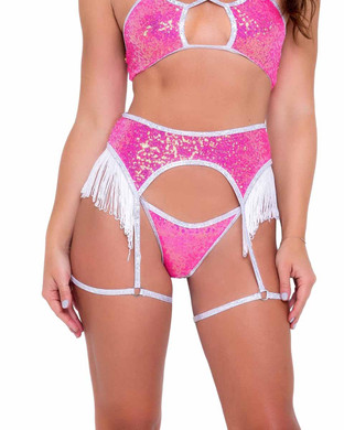 R-6093 - Sequin Hot Pink Garter Belt with Fringe Detail