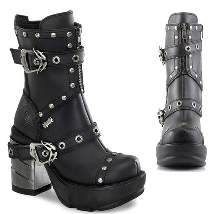 SINISTER-201, Chunky Chrome Heel Strap Studded Ankle Boot By Demonia