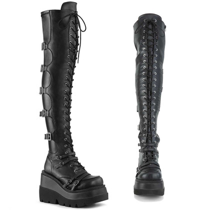 Demonia SHAKER-350, Wedge Thigh High Lace-up Platform Boots