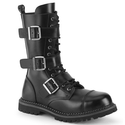 Demonia | RIOT-12, Men's Black Leather Punk Strap Boots