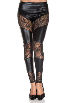 Lace Inset Wet Look Legging by Music Legs ML-35134