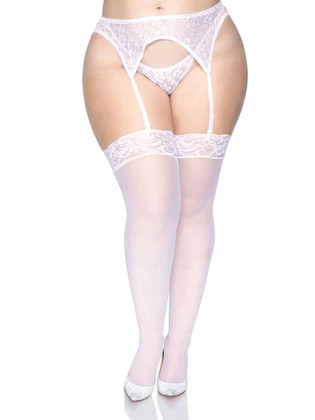 1101Q, Plus size White Sheer Lace Top Stocking