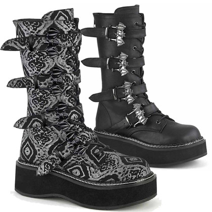 Emily-322, Bat Buckles Mid Calf Boots by Demonia